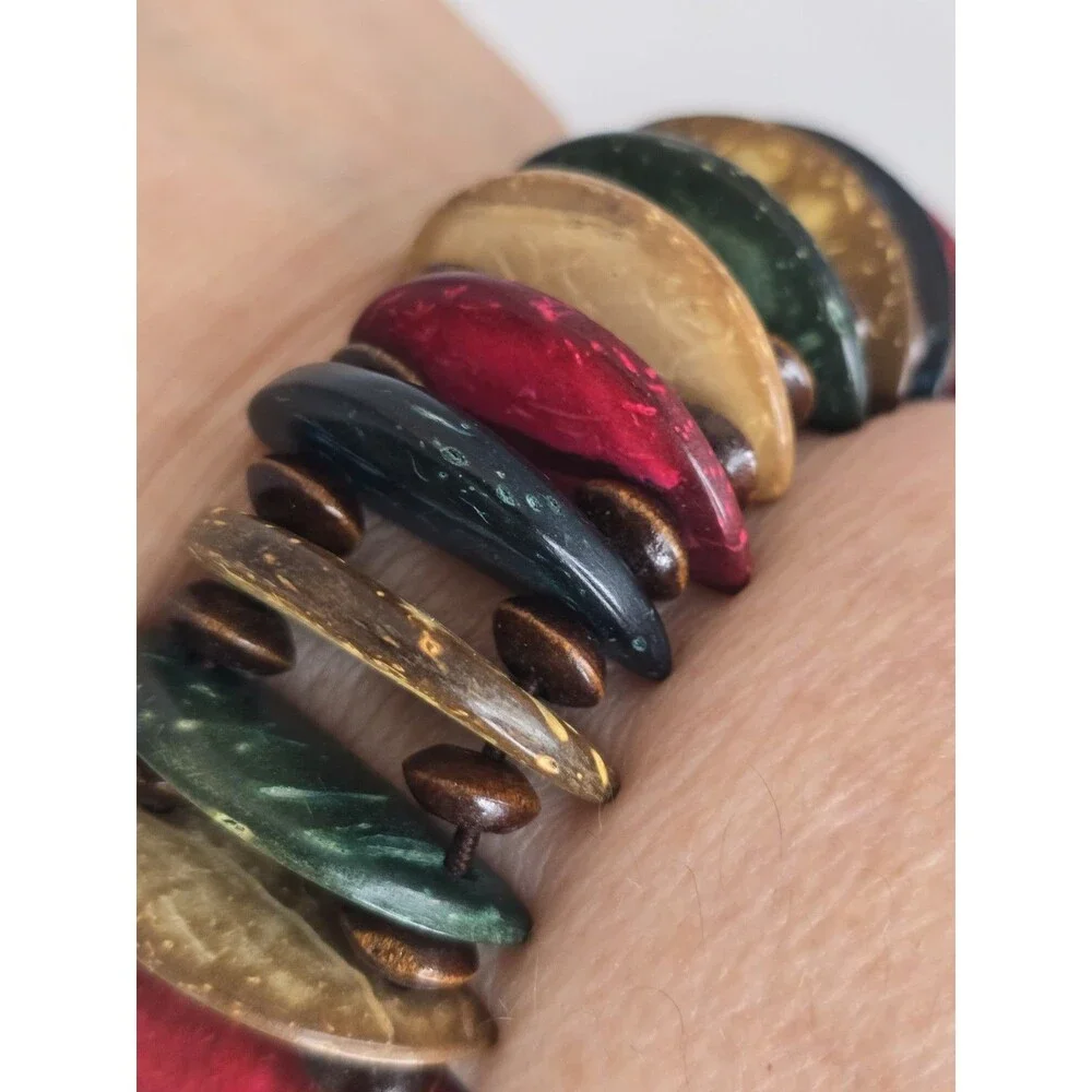 Vintage Stretch Bracelet Multicolor Shell Wood Beaded Boho Tropical Shell Tribal